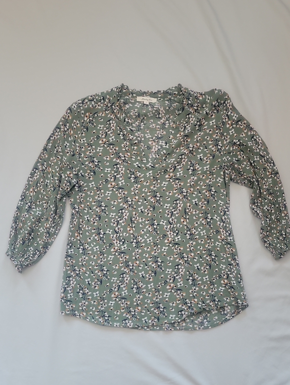 Floral Sage V-Neck Blouse with 3/4 Sleeves